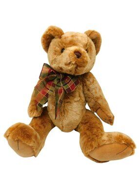 CALTOY Large Plush Jointed Teddy Bear With Plaid Ribbon Bow 21 Inches Tall